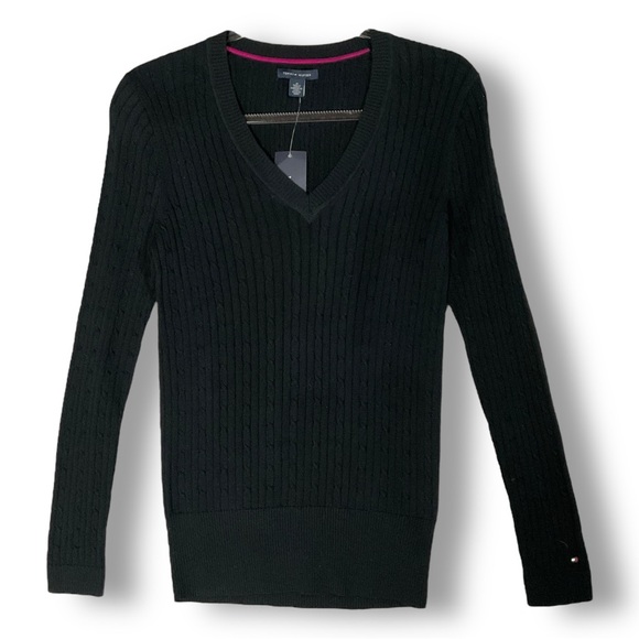 Tommy Hilfiger Womens Cable Knit Sweater Sz M Slim Fit Black NWT Preppy - Picture 2 of 12